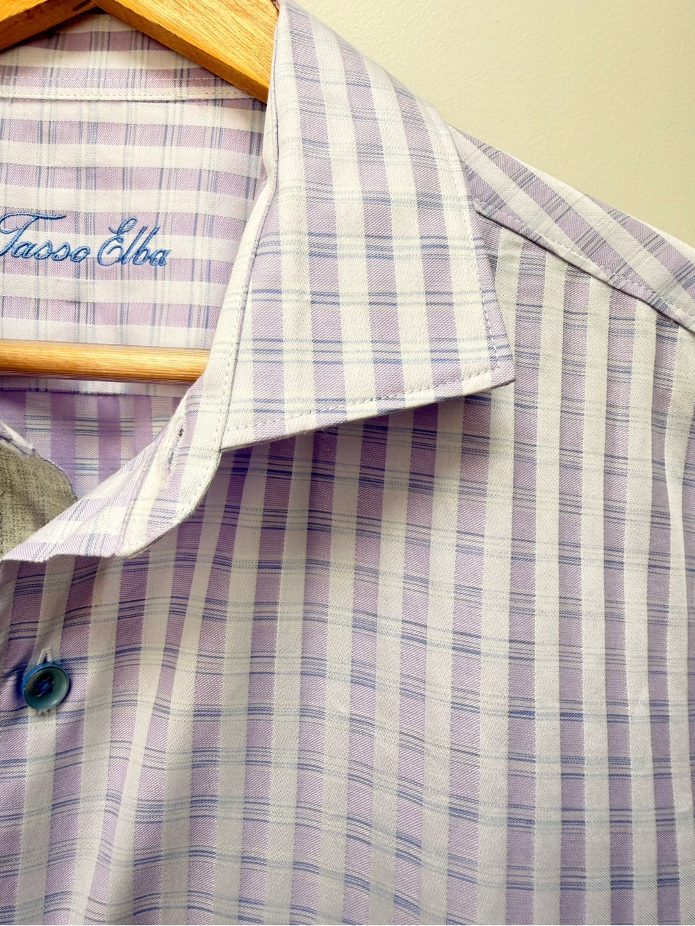 Tasso Elba Lavender and White Check Plaid Short Sleeve Button Up Shirt Size L